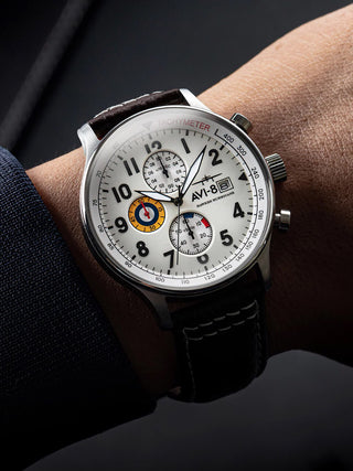 Angle shot of Avi-8 Chronograph AV-4011-01 White Dial Brown Leather Unisex Watch on white background