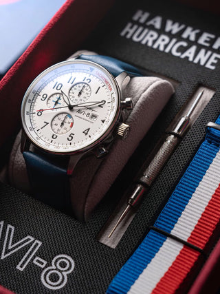 Angle shot of Avi-8 Chronograph AV-4011-0X White Dial Blue Leather Unisex Watch on white background