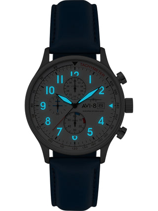 Angle shot of Avi-8 Chronograph AV-4011-0X White Dial Blue Leather Unisex Watch on white background