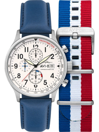 Front view of Avi-8 Chronograph AV-4011-0X White Dial Blue Leather Unisex Watch on white background