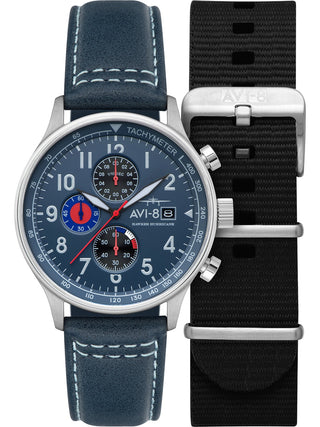 Front view of Avi-8 Chronograph AV-4011-1A Blue Leather Unisex Watch on white background