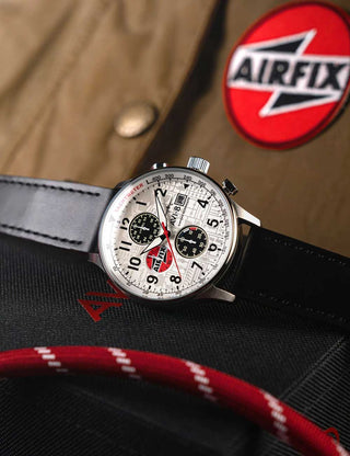 Angle shot of Avi-8 Chronograph AV-4011-1C White Dial Black Leather Unisex Watch on white background