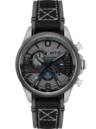 Front view of Avi-8 Chronograph AV-4056-08 Grey Dial Black Leather Unisex Watch on white background