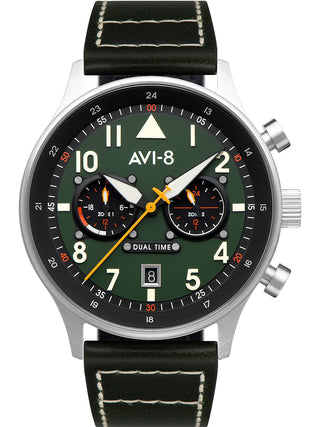 Front view of Avi-8 AV-4088-02 Green Leather Unisex Watch on white background