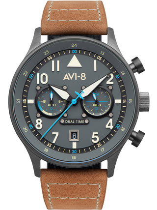 Front view of Avi-8 AV-4088-04 Grey Dial Brown Leather Unisex Watch on white background