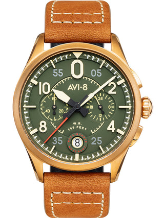 Front view of Avi-8 Chronograph AV-4089-02 Green Dial Brown Leather Unisex Watch on white background