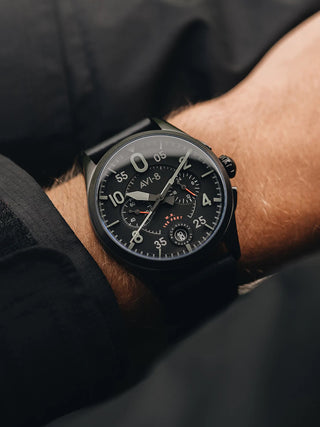 Angle shot of Avi-8 Chronograph AV-4089-03 Black Leather Unisex Watch on white background