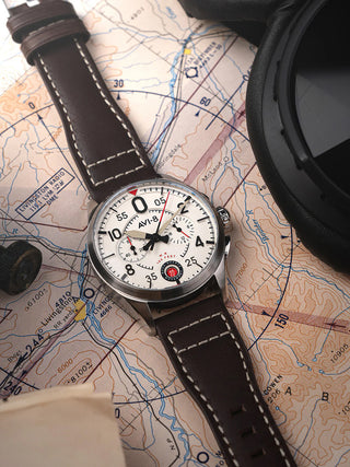 Angle shot of Avi-8 Chronograph AV-4089-05 White Dial Brown Leather Unisex Watch on white background