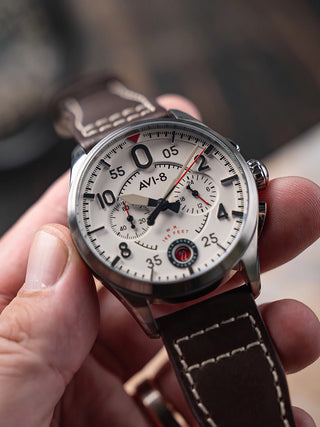 Angle shot of Avi-8 Chronograph AV-4089-05 White Dial Brown Leather Unisex Watch on white background