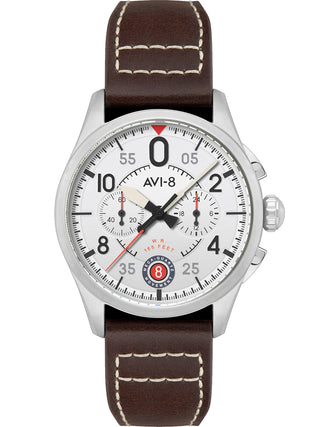 Front view of Avi-8 Chronograph AV-4089-05 White Dial Brown Leather Unisex Watch on white background