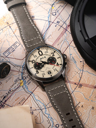 Angle shot of Avi-8 Chronograph AV-4089-06 Grey Leather Unisex Watch on white background