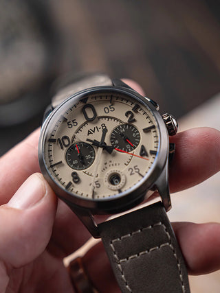 Angle shot of Avi-8 Chronograph AV-4089-06 Grey Leather Unisex Watch on white background