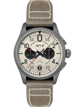 Front view of Avi-8 Chronograph AV-4089-06 Grey Leather Unisex Watch on white background