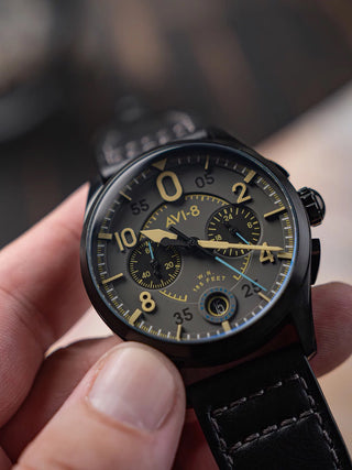 Angle shot of Avi-8 Chronograph AV-4089-08 Grey Dial Black Leather Unisex Watch on white background