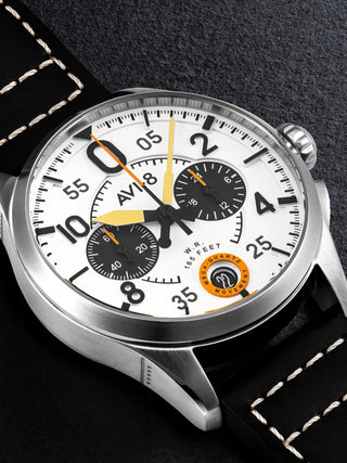 Angle shot of Avi-8 Chronograph AV-4089-0B Black Leather Unisex Watch on white background