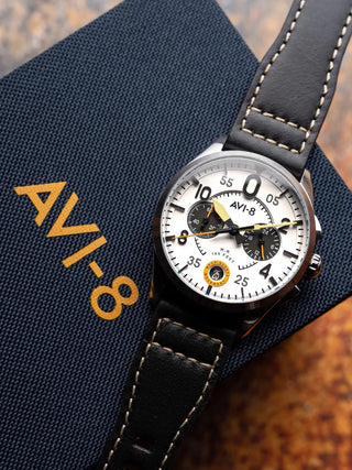 Angle shot of Avi-8 Chronograph AV-4089-0B Black Leather Unisex Watch on white background