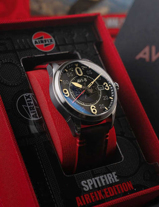 Angle shot of Avi-8 AV-4090-08 Black Dial Brown Leather Unisex Watch on white background