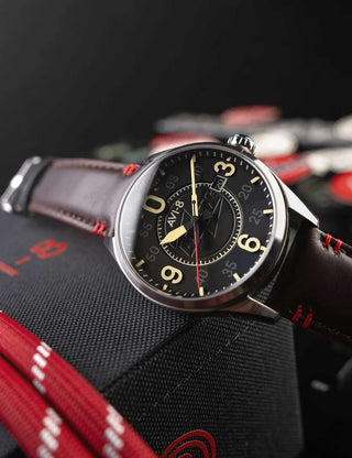 Angle shot of Avi-8 AV-4090-08 Black Dial Brown Leather Unisex Watch on white background