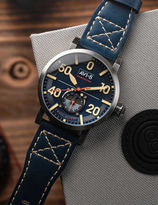 Angle shot of Avi-8 AV-4113-01 Blue Leather Unisex Watch on white background