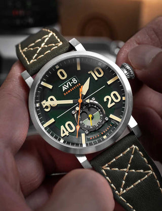 Angle shot of Avi-8 AV-4113-02 Green Dial Brown Leather Unisex Watch on white background