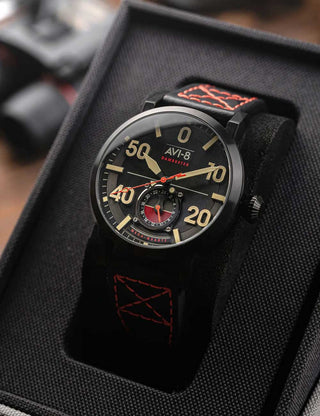 Angle shot of Avi-8 AV-4113-03 Black Leather Unisex Watch on white background