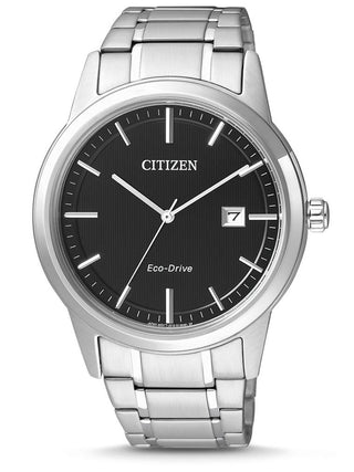 Front view of Citizen AW1231-58E Black Dial Silver Stainless Steel Unisex Watch on white background