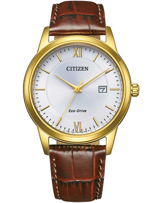 Front view of Citizen AW1782-11A Silver Dial Brown Leather Unisex Watch on white background