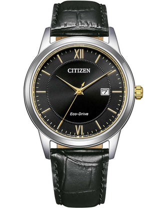 Front view of Citizen AW1784-16E Black Leather Unisex Watch on white background