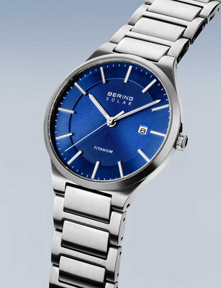 Angle shot of Bering 15239-777 Blue Dial Silver Titanium Unisex Watch on white background