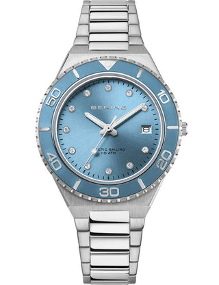 Front view of Bering 18936-705 Blue Dial Silver Stainless Steel Womens Watch on white background