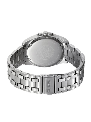 Angle shot of Citizen BM7108-81E Black Dial Silver Stainless Steel Unisex Watch on white background