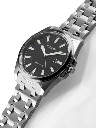 Angle shot of Citizen BM7108-81E Black Dial Silver Stainless Steel Unisex Watch on white background