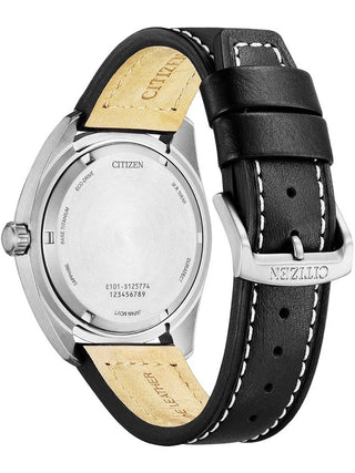 Angle shot of Citizen BM8560-29EE Black Leather Unisex Watch on white background