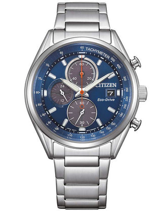 Front view of Citizen Chronograph CA0459-79L Blue Dial Silver Stainless Steel Unisex Watch on white background