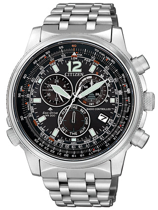 Front view of Citizen Eco-Drive Promaster Chronograph CB5860-86E Black Dial Grey Stainless Steel Mens Watch on white background