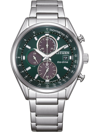 Front view of Citizen Chronograph CA0459-79X Green Dial Silver Stainless Steel Unisex Watch on white background