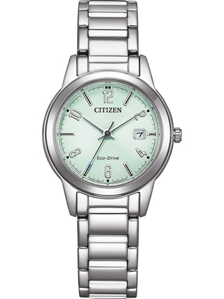 Front view of Citizen FE1241-71X Green Dial Silver Stainless Steel Womens Watch on white background