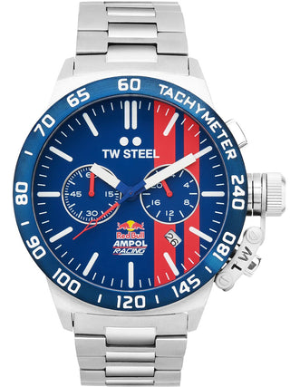 Angle shot of TW Steel Chronograph CS121 Blue Dial Silver Stainless Steel Unisex Watch on white background