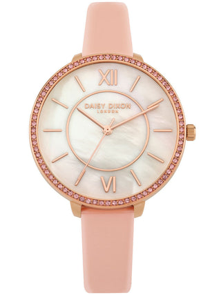 Front view of Daisy Dixon DD088PRG White Dial Pink Leather Womens Watch on white background