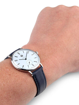 Angle shot of Dufa DF-9001-10 Blue Leather Unisex Watch on white background