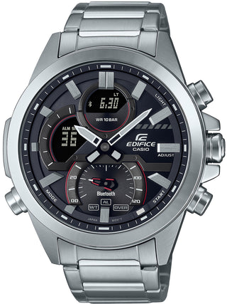 Front view of Casio Edifice ECB-30D-1AEF Black Dial Grey Stainless Steel Mens Watch on white background