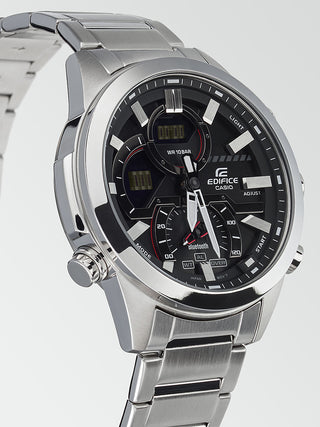 Angle shot of Casio Edifice ECB-30D-1AEF Black Dial Grey Stainless Steel Mens Watch on white background