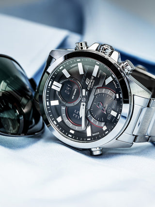 Angle shot of Casio Edifice ECB-30D-1AEF Black Dial Grey Stainless Steel Mens Watch on white background