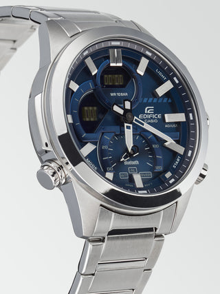 Angle shot of Casio Edifice ECB-30D-2AEF Blue Dial Grey Stainless Steel Mens Watch on white background