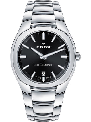 Front view of Edox 57004-3-NIN Black Dial Silver Stainless Steel Womens Watch on white background