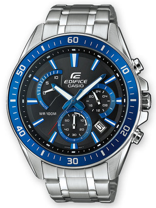 Front view of Casio Retrograde Chronograph Xl Blue Racing EFR-552D-1A2VUEF Blue Dial Silver Stainless Steel Unisex Watch on white background