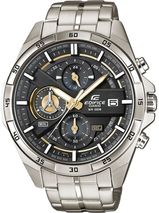 Front view of Casio Multilayer Chronograph Black Gold EFR-556D-1AVUEF Black Dial Silver Stainless Steel Unisex Watch on white background