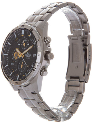 Angle shot of Casio Multilayer Chronograph Black Gold EFR-556D-1AVUEF Black Dial Silver Stainless Steel Unisex Watch on white background