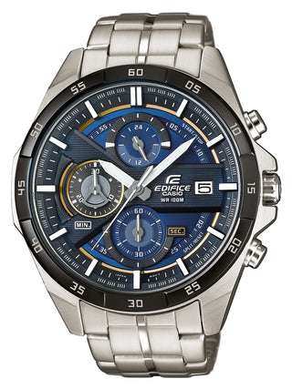 Front view of Casio Edifice Chronograph EFR-556DB-2AVUEF Blue Dial Grey Stainless Steel Mens Watch on white background