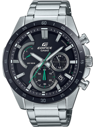 Front view of Casio Edifice Chronograph EFR-573DB-1AVUEF Black Dial Grey Stainless Steel Mens Watch on white background